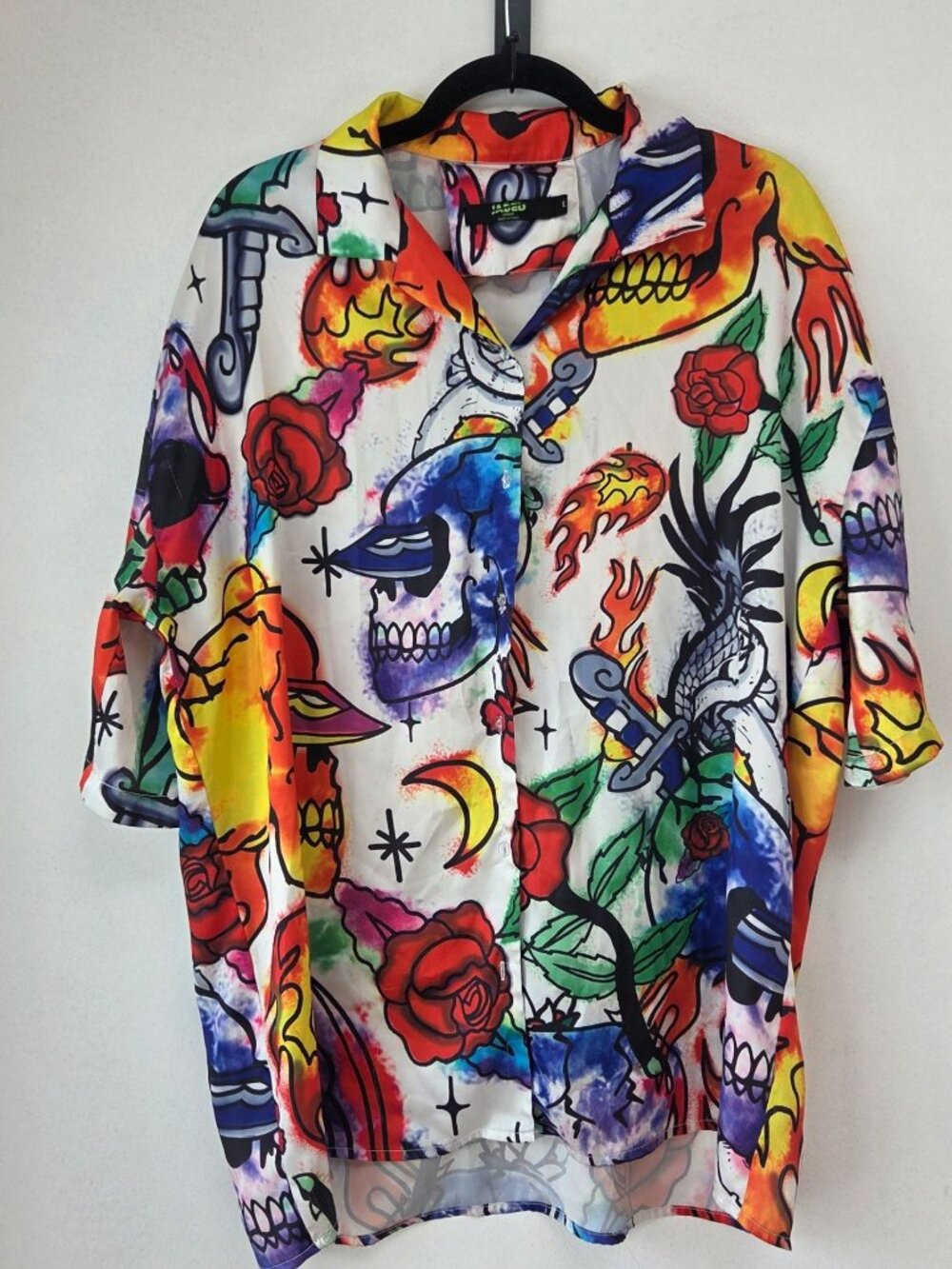 Jaded London Short Sleeve Button Up Shirt Graffiti Colorful Size L